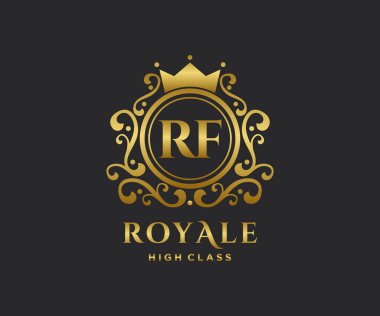 Altın Harf RF şablonu. Taçlı lüks altın harf. Monogram alfabesi. Güzel kraliyet baş harfleri