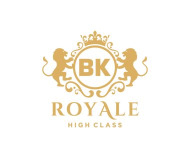 Harf BK logo şablonu lüks altın harfli taç. Monogram alfabesi. Güzel kraliyet baş harfleri.