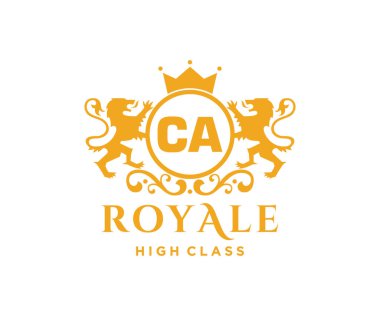 CA şablonu logosu. Taçlı lüks altın harf. Monogram alfabesi. Güzel kraliyet baş harfleri.