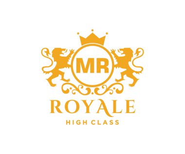 Harf MR şablonu. Taçlı lüks altın harfli logo. Monogram alfabesi. Güzel kraliyet baş harfleri.