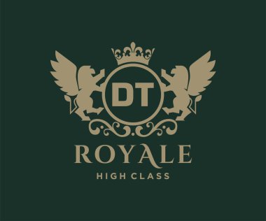 Harf DT logo şablonu lüks altın harfli taç. Monogram alfabesi. Güzel kraliyet baş harfleri.