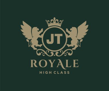 Harf JT logo şablonu. Taçlı lüks altın harf. Monogram alfabesi. Güzel kraliyet baş harfleri.