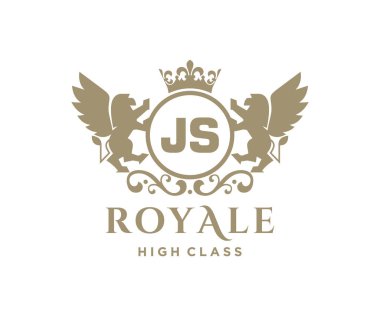 Harf JS logo şablonu. Taçlı lüks altın harf. Monogram alfabesi. Güzel kraliyet baş harfleri.
