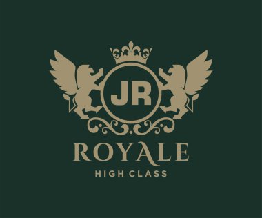 Harf JR logo şablonu. Taçlı lüks altın harf. Monogram alfabesi. Güzel kraliyet baş harfleri.