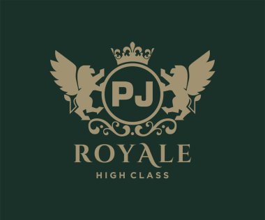 PJ logosu, taç ve altın harflerle süslenmiş. Monogram alfabesi. Güzel kraliyet baş harfleri.