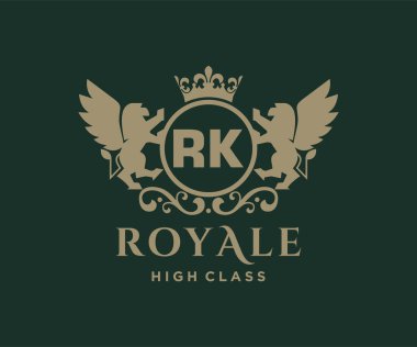 Harf RK logosu. Taçlı lüks altın harf. Monogram alfabesi. Güzel kraliyet baş harfleri.
