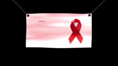 Dünya AIDS Günü. Kırmızı Kurdele Animasyon Sancağına gerçek kırmızı kurdeleli, kalp şeklinde. 1 Aralık 'ta Dünya Yardım Günü sembollü bir poster..