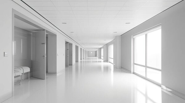 Corridor hospital interior design, in the style of light gray and white, eerily realistic, monochromatic minimalism.