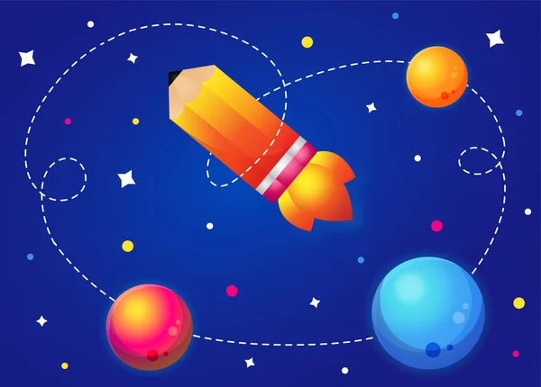 Cohete Lápiz Con Planetas Estrellas Para Escuela Ciencia Educación — Vector de stock