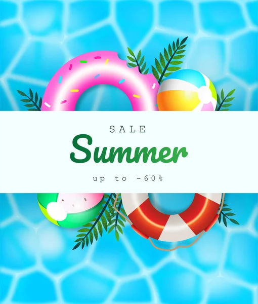 Summer Sale Card Mit Pool Hintergrund Strandbällen Rettungsring Und Donut — Stockvektor