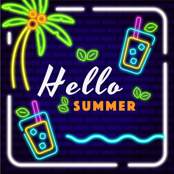 Neon Hallo Sommer Poster — Stockvektor