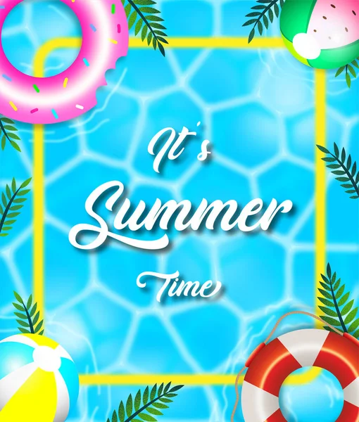 Summer Card Swimming Pool Beachballs Life Ring Leaves — Stock Vector