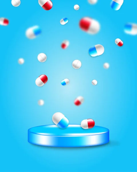 Podio Con Pillole Capsule Cadenti Scopi Medici Farmaceutici Scientifici — Vettoriale Stock