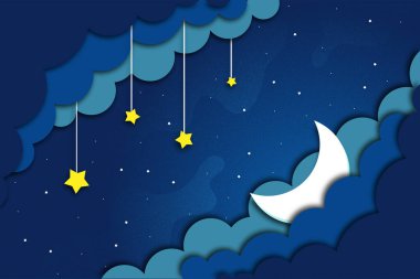 Yarım ay ile gece gökyüzü, çocuklar için yıldızlar ve bulutlar kağıt kesim tarzında