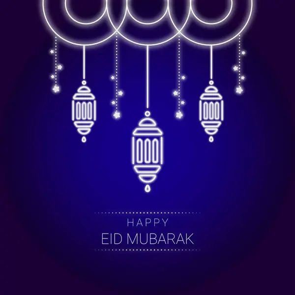 Happy Eid Mubarak Neon Card Med Lanterner Stjerner Krans – Stock-vektor