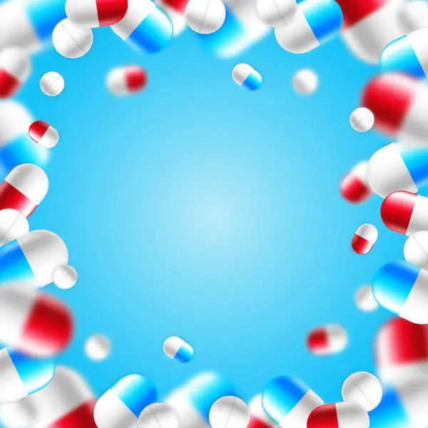 医学および科学目的のための青 白いカプセルが付いている丸薬の背景 — ストックベクタ