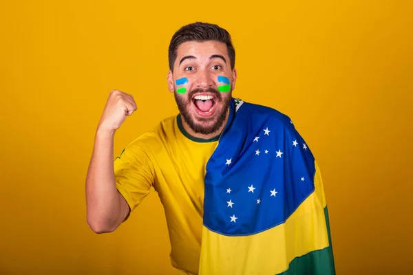 Brazilský Muž Latinskoamerický Fandící Brazílii Mistrovství Světa 2022 Patriot Nacionalista — Stock fotografie