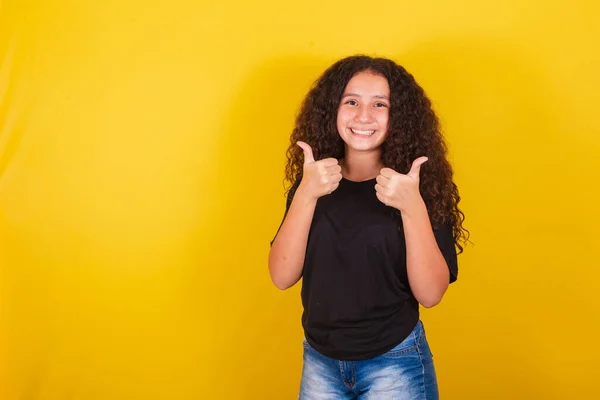 Brazilian Latin American Girl Afro Hair Yellow Background Smiling Thumbs — Stock Photo, Image