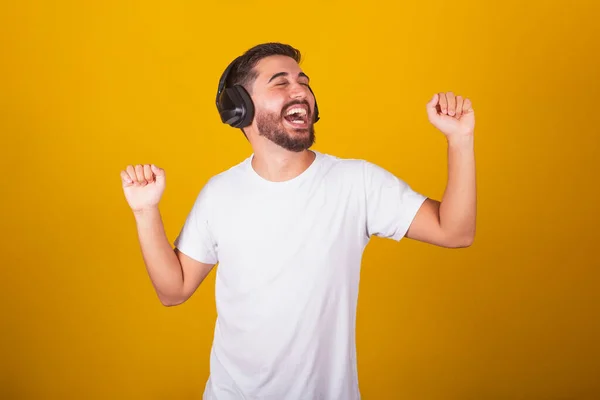 Brazilian Latin American Man Happy Music Headphones Dancing Concept Enjoyment — Stock Photo, Image