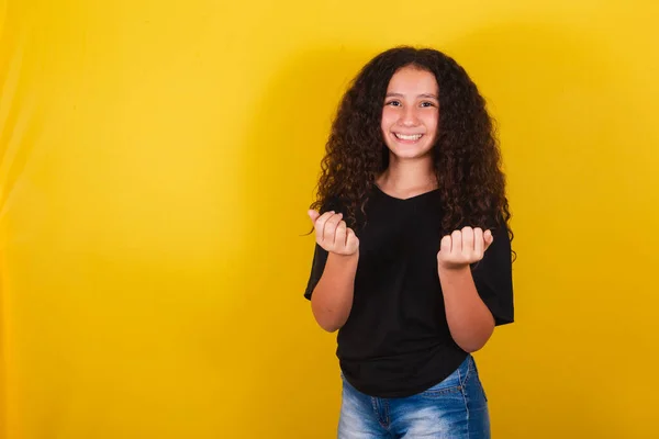 Brazilian Latin American Girl Afro Hair Yellow Background Smiling Indicating — Stock Photo, Image