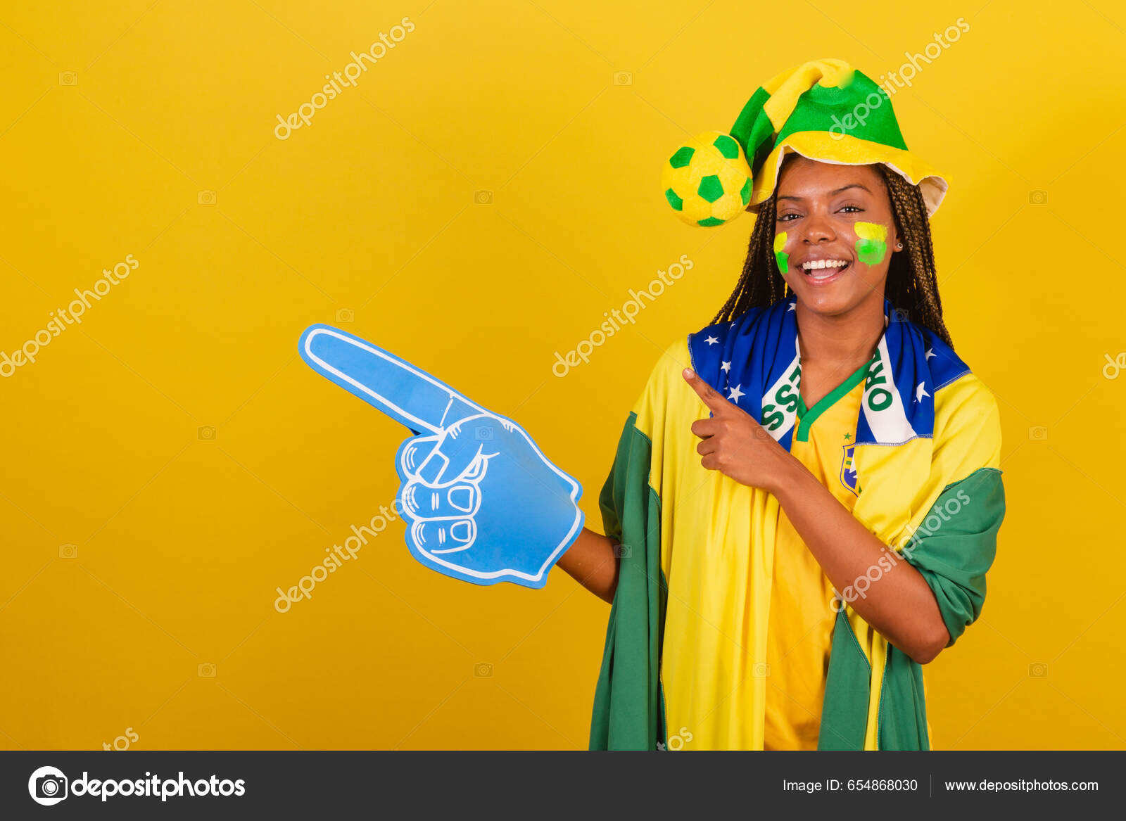 Black Woman Young Brazilian Soccer Fan Hat Foam Finger Showing Stock Photo  by ©Ibstock 654868030