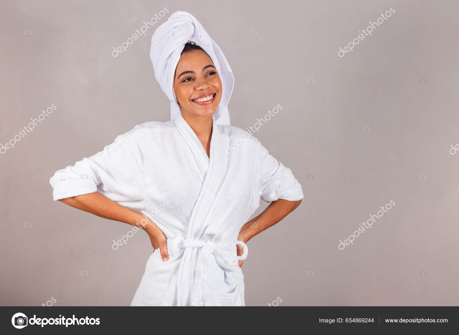 Beautiful Brazilian Black Woman Wearing Bathrobe Towel Hands Hips