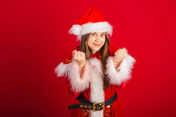Caucásica Brasileña Vestida Navidad Santa Claus Invitando Las Manos —  Fotos de Stock