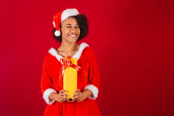 Beautiful Black Brazilian Woman Dressed Santa Claus Mama Claus Happy — Stock Photo, Image