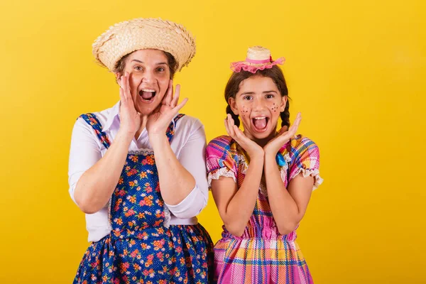 Grandmother Granddaughter Dressed Typical Festa Junina Clothes Wow Amazing Surprising — Stock Photo, Image