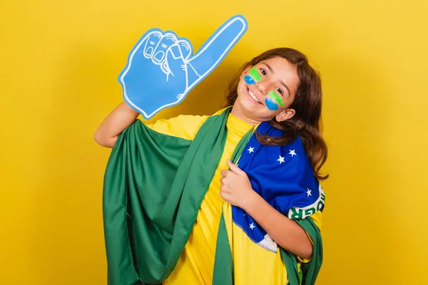 Ventilateur Brésilien Football Enfant Caucasien Avec Doigt Mousse Célébrant Faisant — Photo