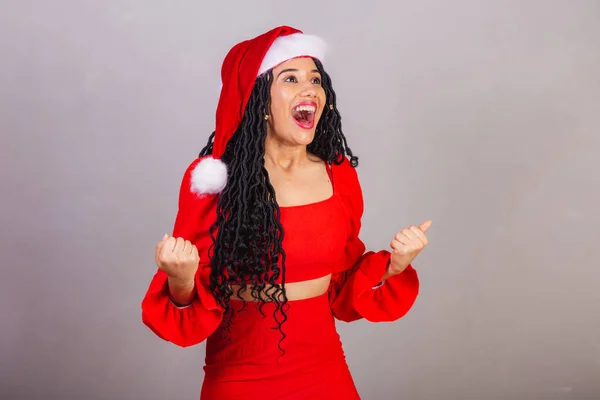 Mujer Negra Brasileña Vistiendo Ropa Navidad Feliz Navidad Sonriendo Celebrando — Foto de Stock
