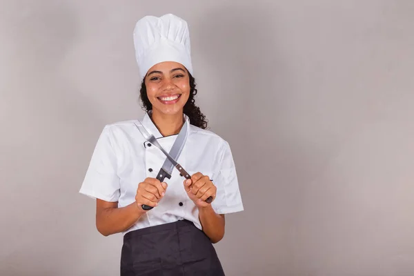 Young Black Brazilian Woman Cook Holding Knife Fork Preparing Meat — Stock Photo, Image
