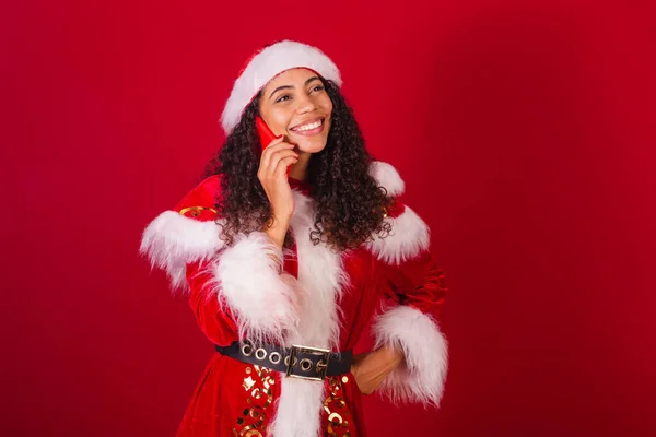 Beautiful Brazilian Black Woman Dressed Santa Claus Christmas Clothes Voice — Stock Photo, Image
