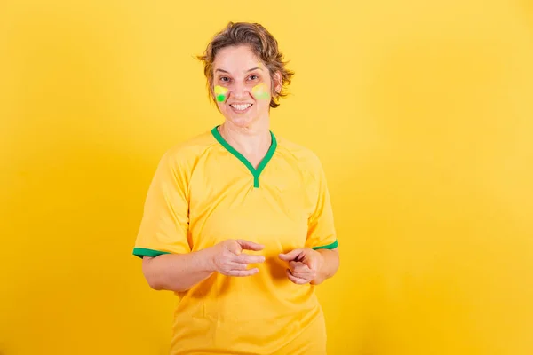 Adult Adult Woman Brazil Soccer Fan Pointing Screen Choosing You — Stock Photo, Image