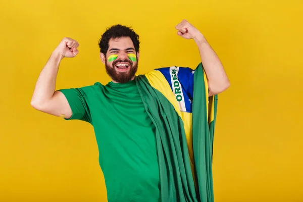 Caucasian Man Beard Brazilian Soccer Fan Brazil Celebrating Loudly Shouting — Stock Photo, Image