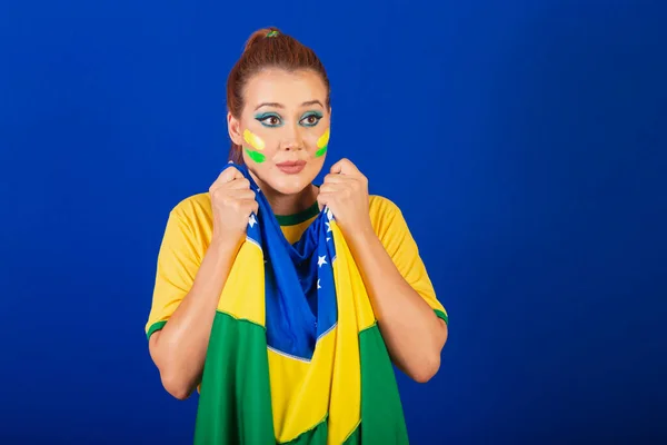 Caucasian Woman Redhead Brazil Soccer Fan Brazilian Blue Background Anxious — Stock Photo, Image