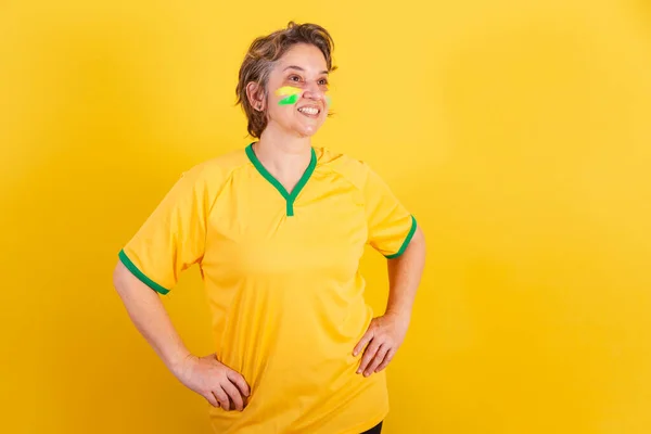 Adult Adult Woman Brazil Soccer Fan Hands Hips Smiling — Stock Photo, Image