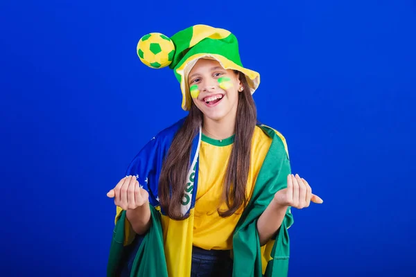 Молодая Девушка Футбольный Фанат Бразилии Одетый Шляпу Флаг Call Your — стоковое фото