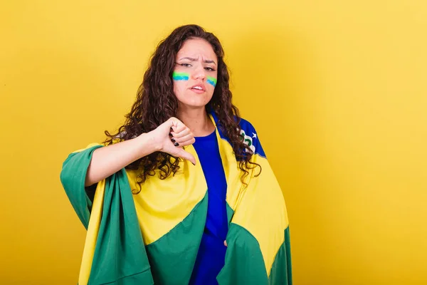 Soccer Fan Woman Brazil Fan World Cup Thumb Sad Disapproval — Stock Photo, Image
