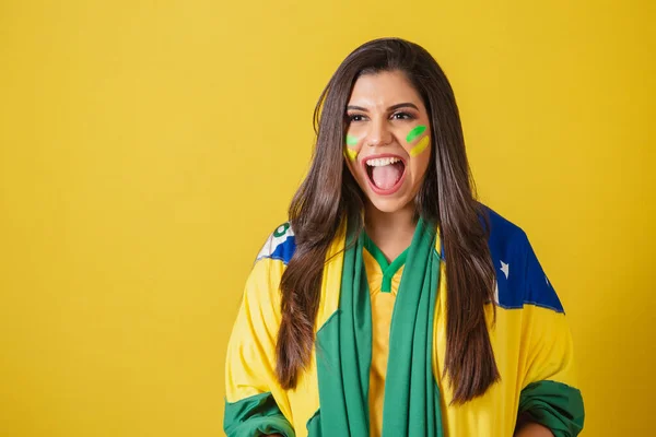 Mujer Partidaria Brasil Copa Del Mundo 2022 Campeonato Fútbol Utilizando — Foto de Stock