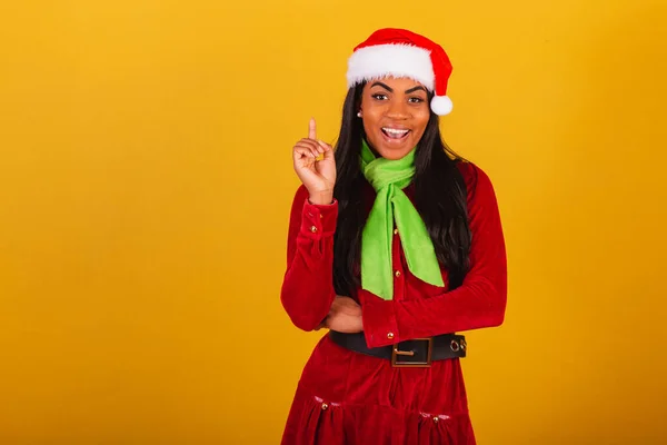 Beautiful Black Brazilian Woman Dressed Christmas Clothes Santa Claus Thought — Stock Photo, Image