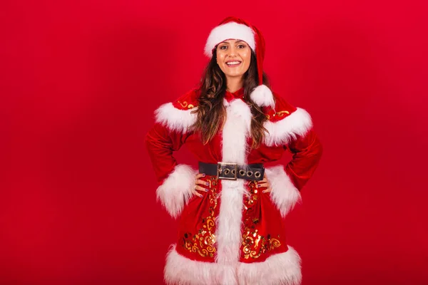 Brasilianerin Weihnachtskleidung Weihnachtsmann Hände Auf Der Taille — Stockfoto
