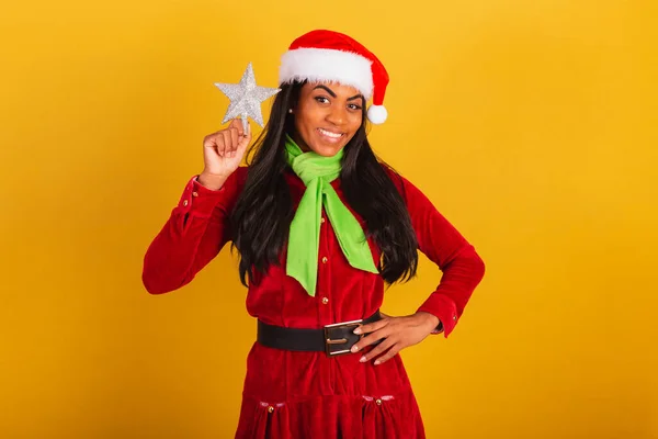 Красивая Черная Бразилька Одетая Рождественскую Одежду Санта Клаус Рождественской Звездой — стоковое фото