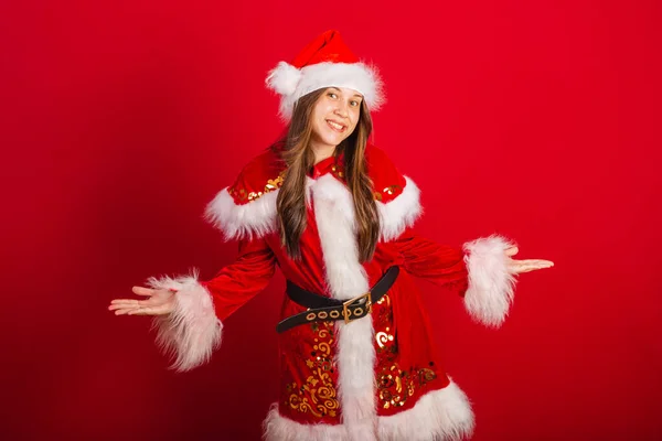 Caucasian Brazilian Woman Christmas Clothes Santa Claus Welcome Open Arms — Stock Photo, Image