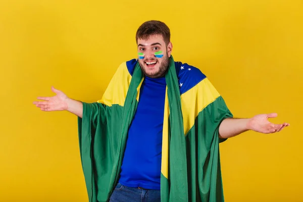 Caucasian Brazilian Man Soccer Fan Brazil Open Arms Doubt — Stock Photo, Image