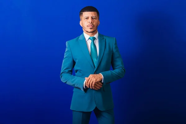 Homme Noir Brésilien Vêtu Costume Cravate Bleue Homme Affaires Avec — Photo