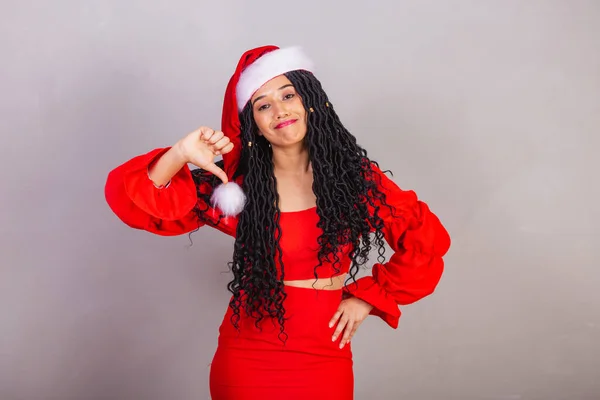 Mulher Negra Brasileira Vestindo Roupas Natal Feliz Natal Sorrindo Sinal — Fotografia de Stock