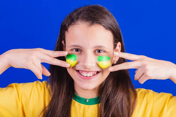 Young Girl Soccer Fan Brazil Close Photo Applying Face Paint — Stock Photo, Image