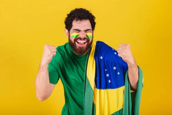 Homme Caucasien Avec Barbe Brésilien Fan Football Brésilien Célébrer Équipe — Photo