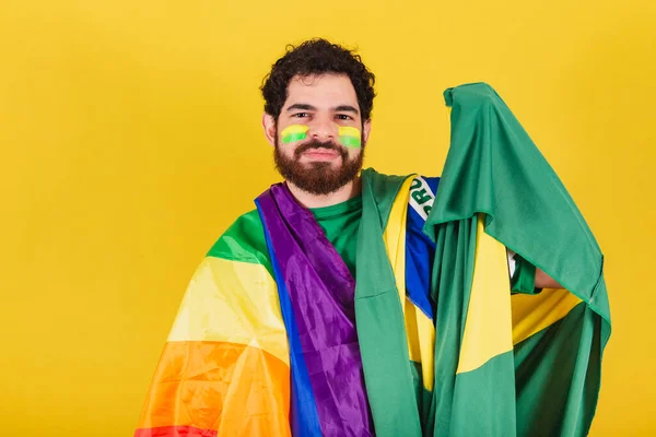 Kaukasische Man Met Baard Braziliaan Voetbalfan Uit Brazilië Draagt Lgbt — Stockfoto